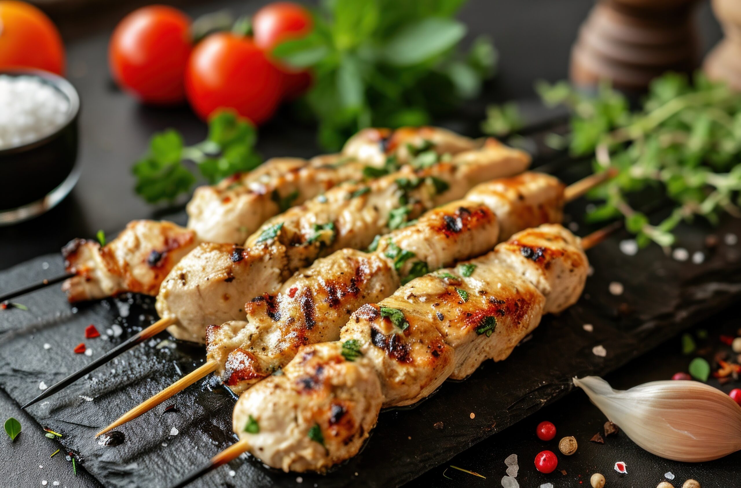 chicken kebabs and parsley on sticks on a wooden table.